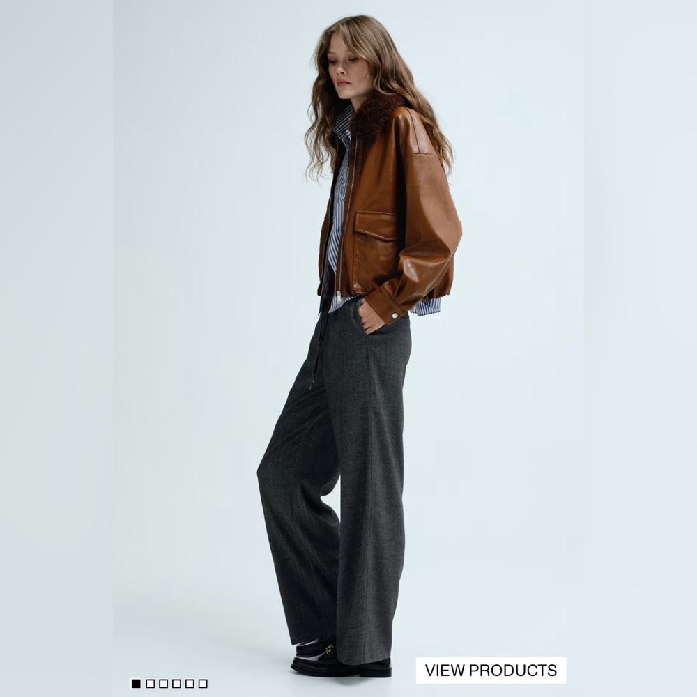 H&M Grey Herringbone Trousers | Elastic Waist Wide Leg Pants